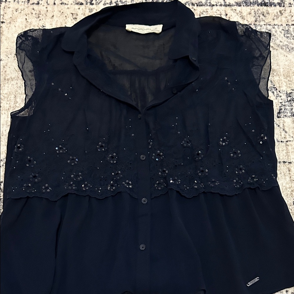 Michael Kors Navy Sheer Blouse with Floral Details